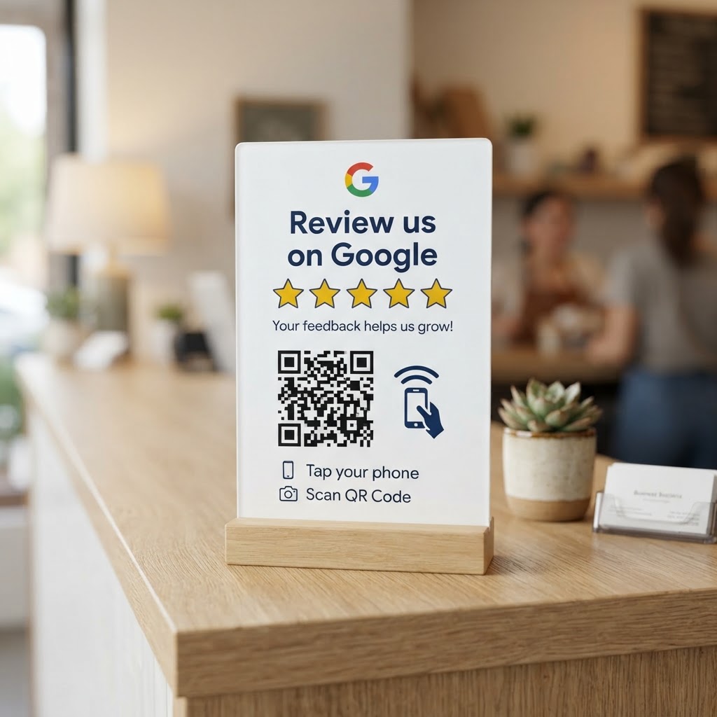 Standard Google Review NFC stand — Google-style design with 5 stars, QR code and NFC tap