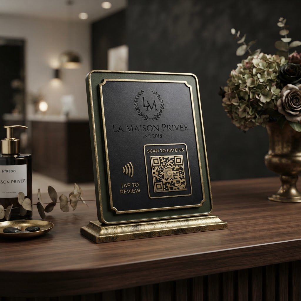 Personalized Google Review NFC stand — luxury custom design with logo and brand colors